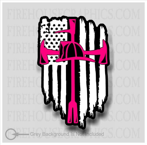 American Flag Thin Pink line Firefighter Halligan Axe Helmet Cross Decal Sticker