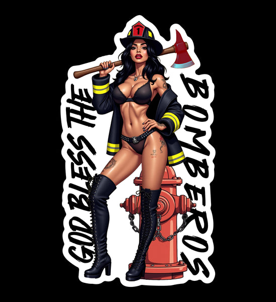 Buy 3 save 33% (mix and match) Pinup Firefighter God Bless Bomberos (two decals 2.5")  Sticker