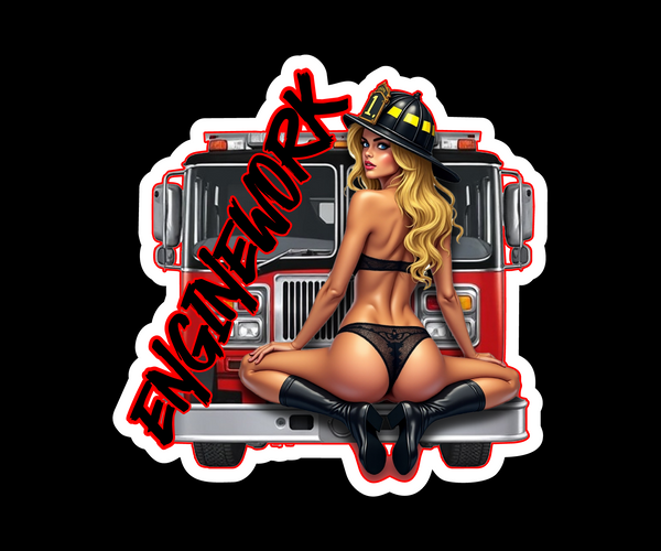 Buy 3 save 33% (mix and match) Pinup Firefighter Engine Work (two decals 2.5")  Sticker