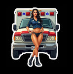 Buy 3 save 33% (mix and match) EMS Medical Ambulance Brunette pinup style (two decals 2.5")  Sticker