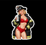Buy 3 save 33% (mix and match) White Monster Firefighter pinup-style (two decals 2.5")  Sticker