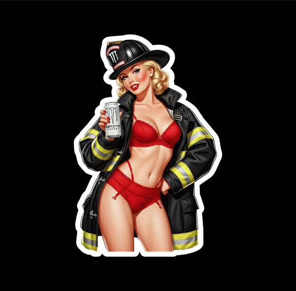 Buy 3 save 33% (mix and match) White Monster Firefighter pinup-style (two decals 2.5")  Sticker