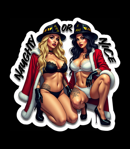 Buy 3 save 33% (mix and match) Pinup Firefighter Naughty or Nice (two decals 2.5")  Sticker