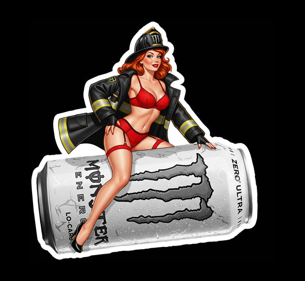 Buy 3 save 33% (mix and match) White Monster Firefighter Red Hair pinup style (two decals 2.5")  Sticker