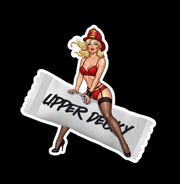 Buy 3 save 33% (mix and match) Upper Decky Firefighter Blonde Hair pinup style (two decals 2.5")  Sticker