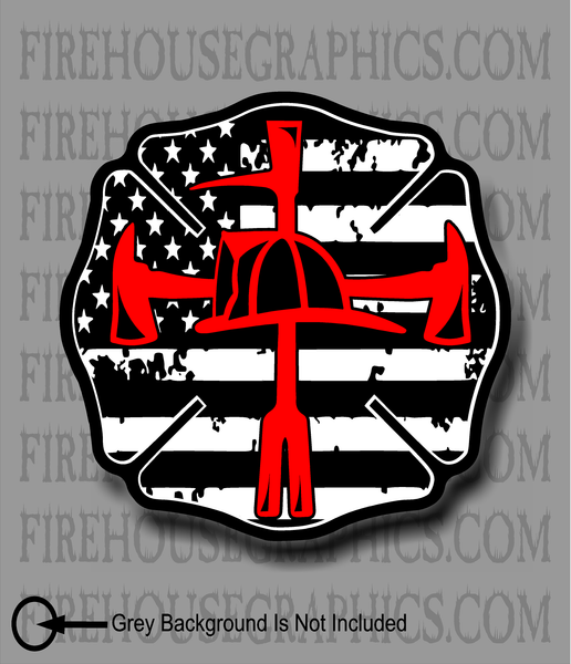 American Flag Thin Red line Maltese Cross Firefighter Halligan Axe Helmet Cross Decal Sticker